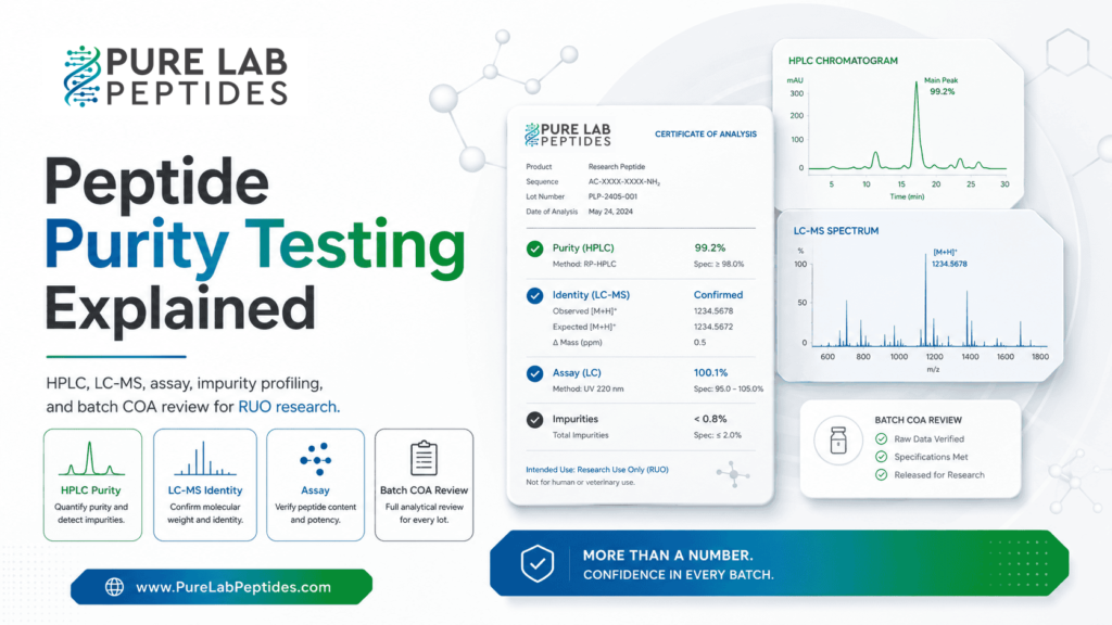 Peptide purity testing article image from Pure Lab Peptides with COA and HPLC review graphics